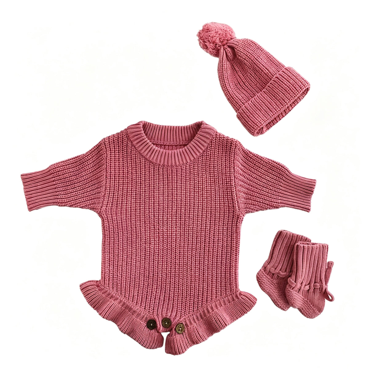 Rose Pink – Ruffle Hem + Hat + Booties knit baby romper