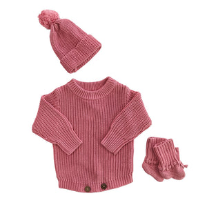 Rose Pink – Classic Hem + 3-Piece Set knit baby romper