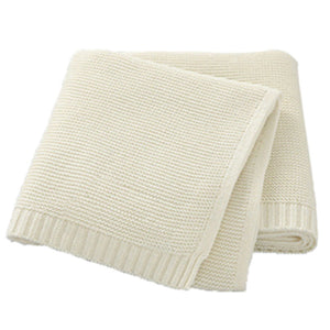 White cotton knit baby blanket with a ribbed border, plain