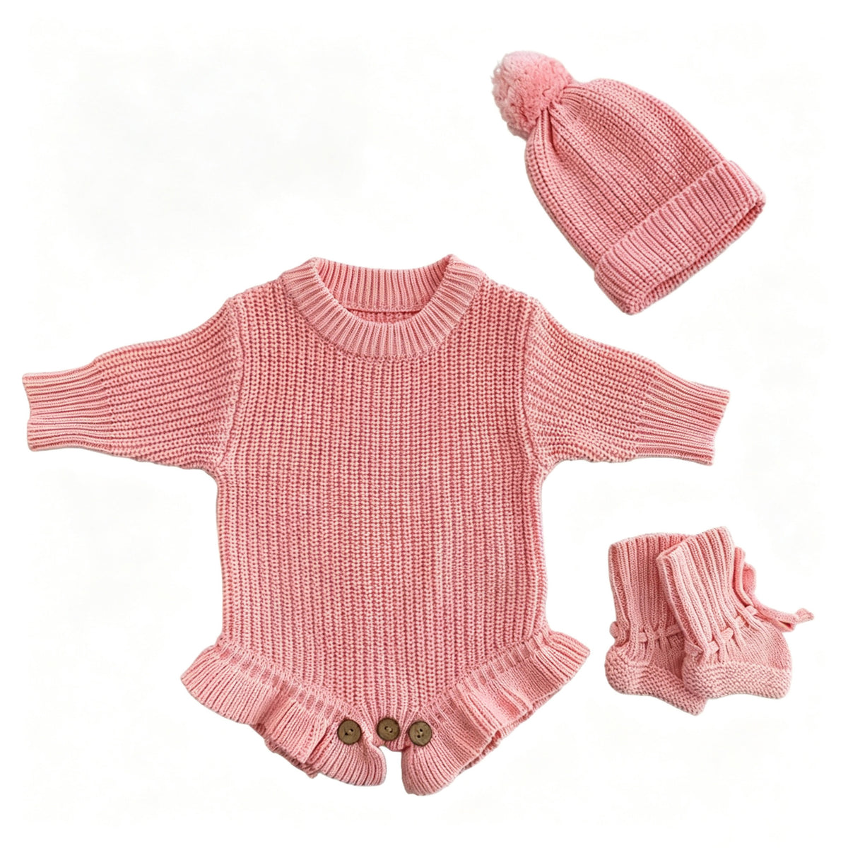 Light Pink – Ruffle Hem + Hat + Booties knit baby romper