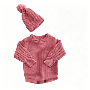 Rose Pink – Classic Hem + Hat knit baby romper
