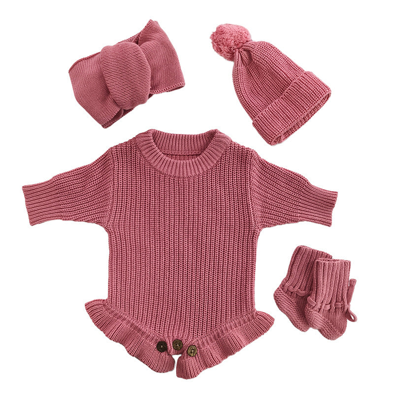 Rose Pink – Ruffle Hem + 4-Piece Set knit baby romper