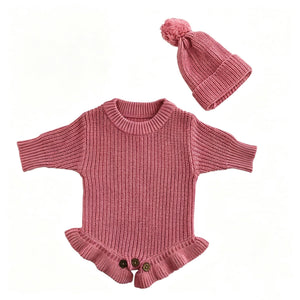 Rose Pink – Ruffle Hem + Hat knit baby romper