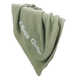 Sage green knit baby blanket embroidered with the name Olivia Grace