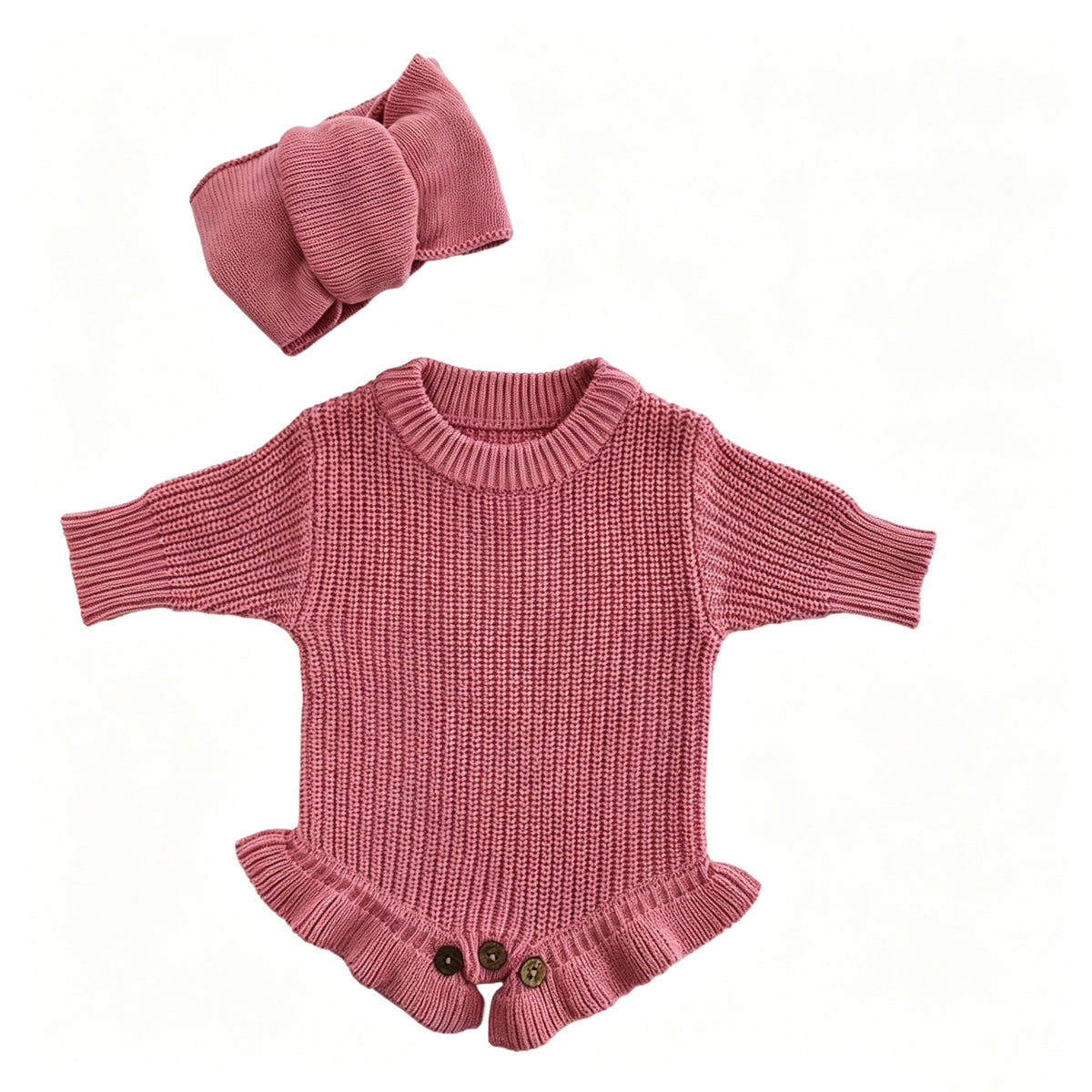 Rose Pink – Ruffle Hem + 2-Piece Set knit baby romper
