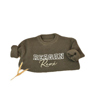 Olive chunky knit sweater with Reagan René embroidery