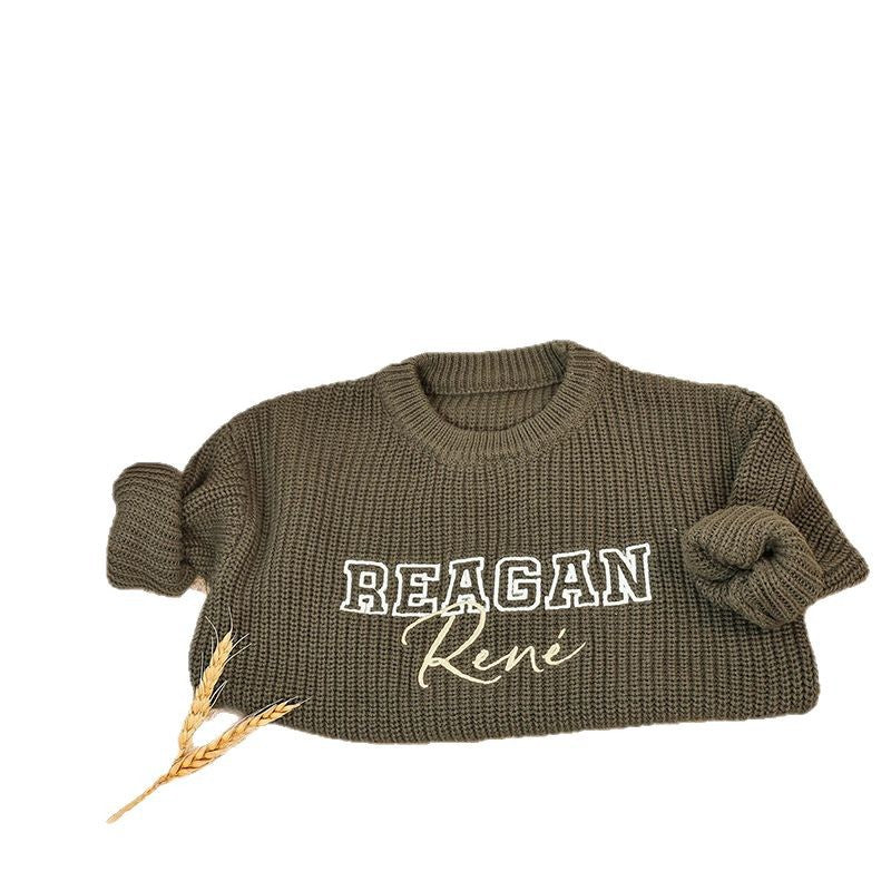 Olive chunky knit sweater with Reagan René embroidery