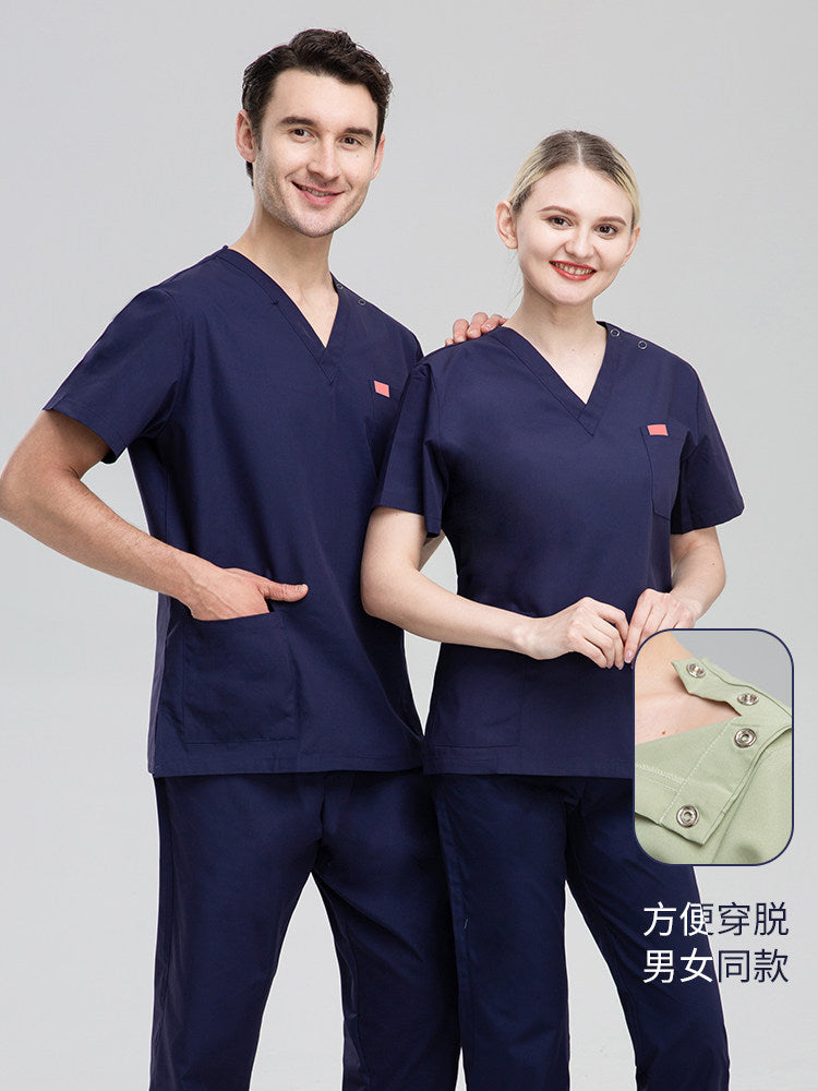 Polyester-cotton custom logo doctor nurse work uniforms, solid color V-neck straight-leg pants, beauty salon, dental studio uniforms