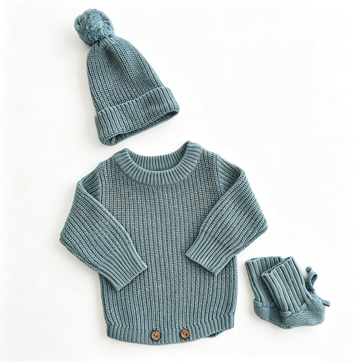 Gray Blue – Classic Hem + Hat + Booties knit baby romper