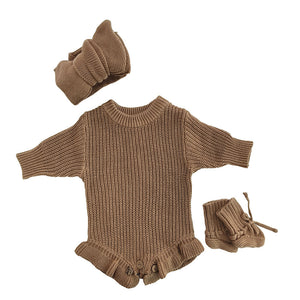 Khaki – Ruffle Hem + 3-Piece Set knit baby romper