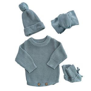 Gray Blue – Classic Hem + 4-Piece Set knit baby romper