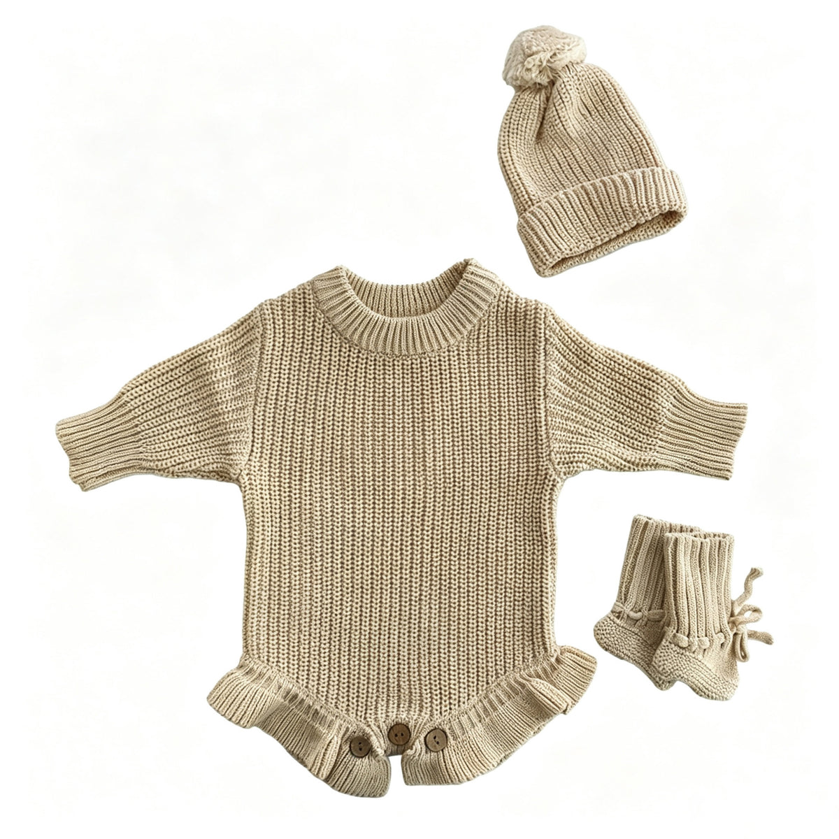 Apricot – Ruffle Hem + Hat + Booties knit baby romper