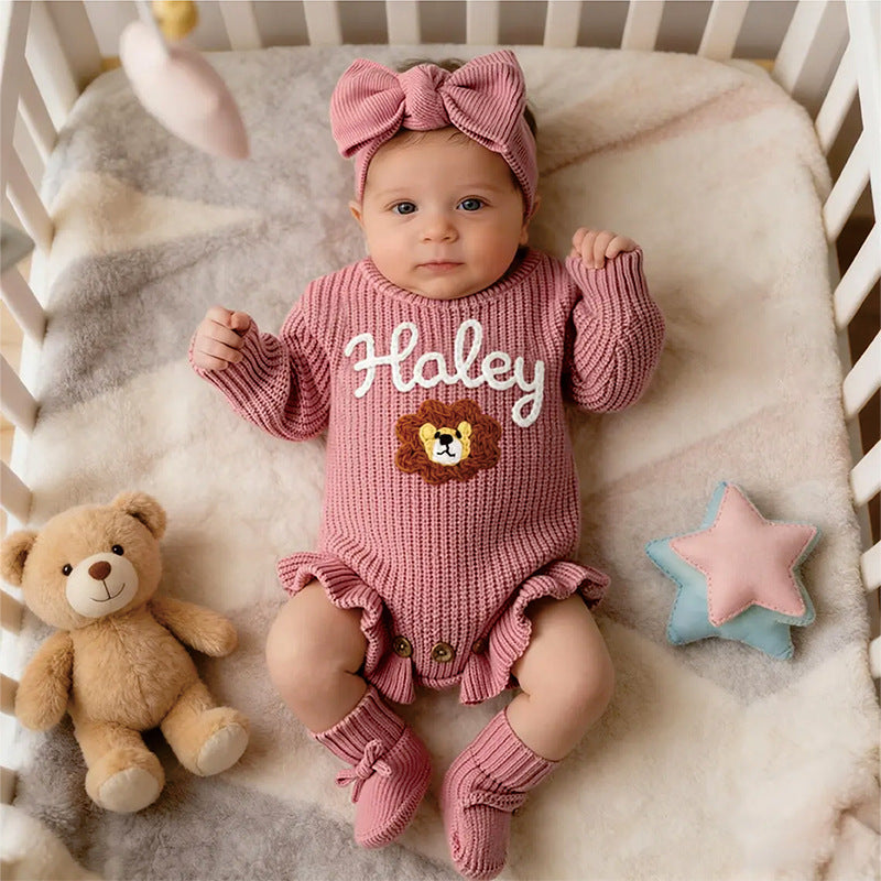 Rose pink ruffle knit romper embroidered with Haley and a teddy bear motif