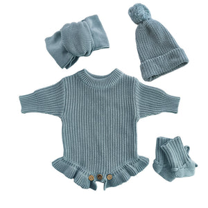 Gray Blue – Ruffle Hem + 4-Piece Set knit baby romper