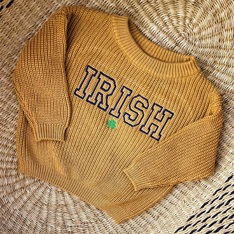 Mustard knit sweater embroidered with IRISH