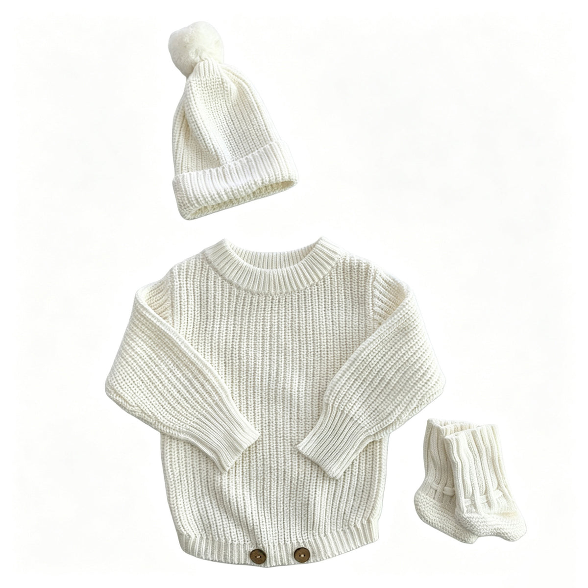 White – Classic Hem + 3-Piece Set knit baby romper