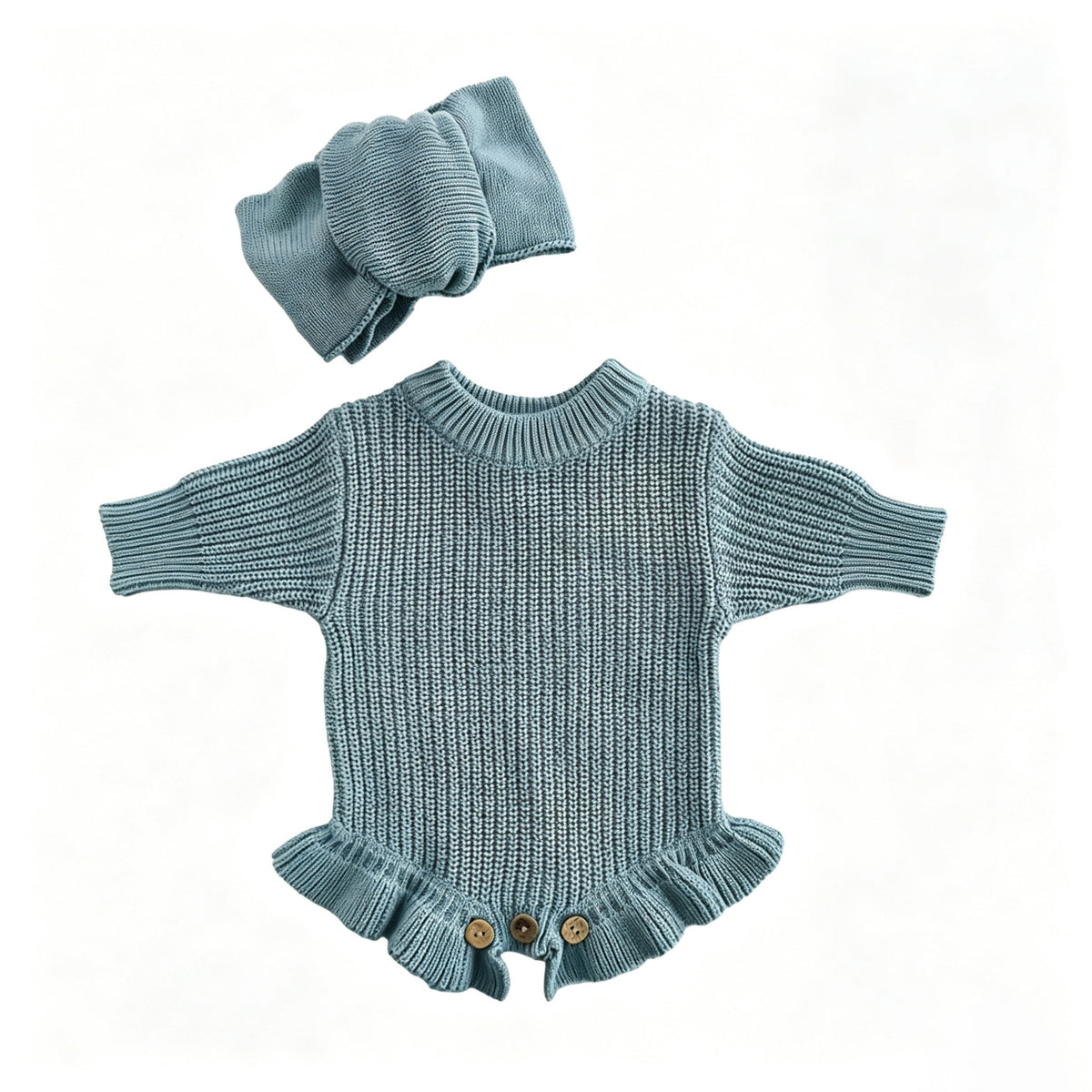 Gray Blue – Ruffle Hem + 2-Piece Set knit baby romper