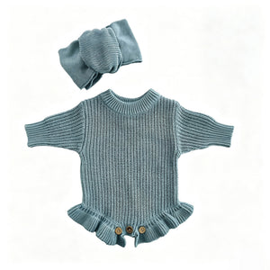 Gray Blue – Ruffle Hem + 2-Piece Set knit baby romper