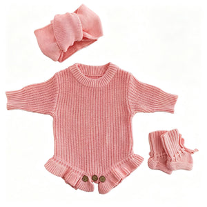 Light Pink – Ruffle Hem + 3-Piece Set knit baby romper
