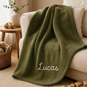 Green pointelle knit blanket embroidered with Lucas