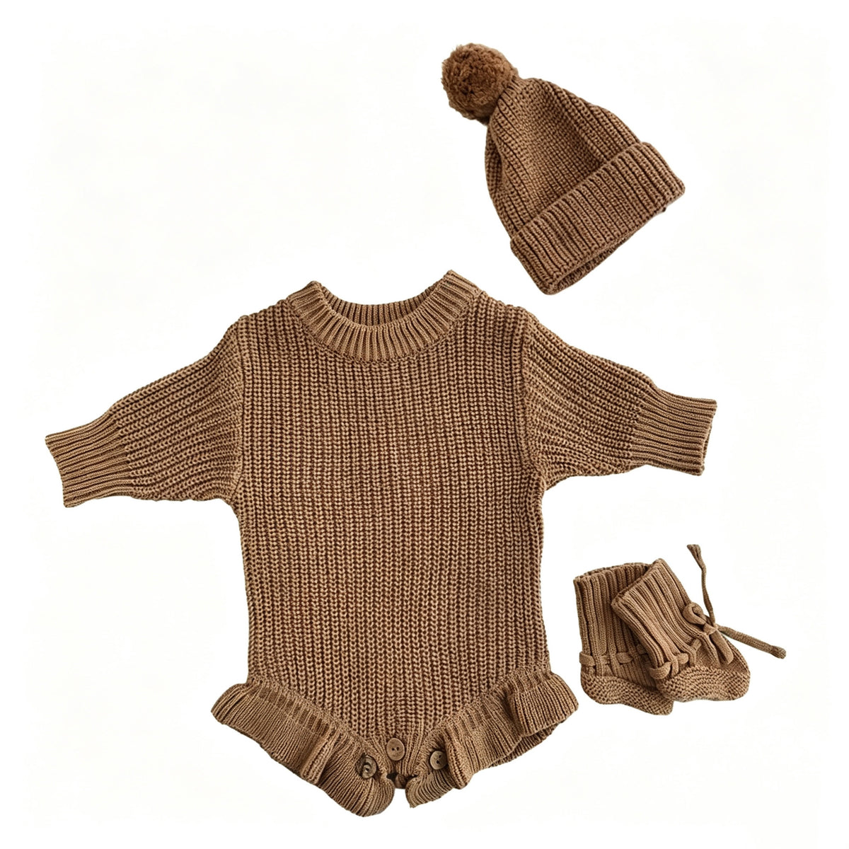 Khaki – Ruffle Hem + Hat + Booties knit baby romper