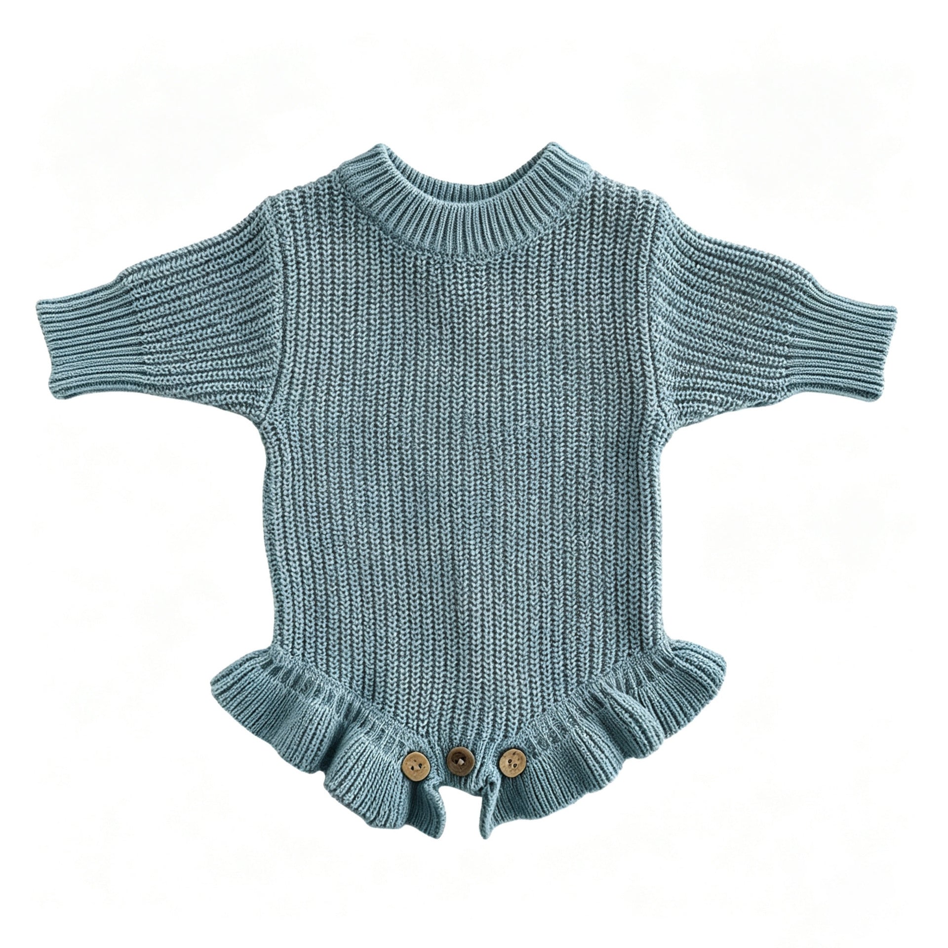 Gray blue knit baby romper with ruffle hem