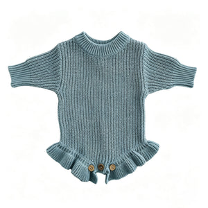Gray blue knit baby romper with ruffle hem