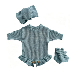 Gray Blue – Ruffle Hem + Headband + Booties knit baby romper