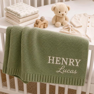 Army green knit baby blanket embroidered with Henry Lucas