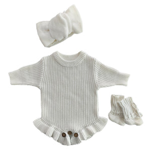 White – Ruffle Hem + 3-Piece Set knit baby romper