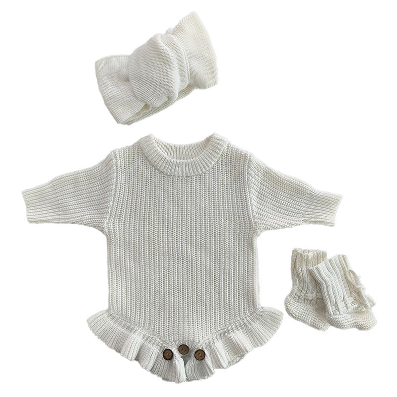 White – Ruffle Hem + 3-Piece Set knit baby romper