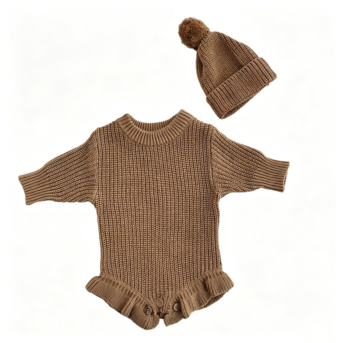 Khaki – Ruffle Hem + Hat knit baby romper