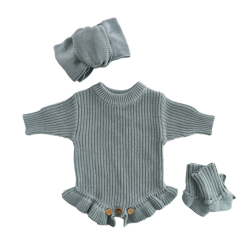 Gray Blue – Ruffle Hem + 3-Piece Set knit baby romper
