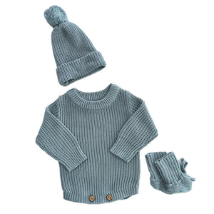 Gray Blue – Classic Hem + 3-Piece Set knit baby romper