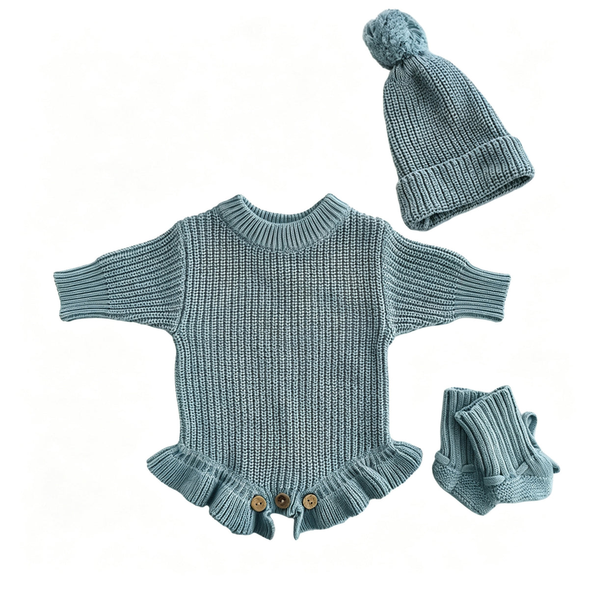 Gray Blue – Ruffle Hem + Hat + Booties knit baby romper