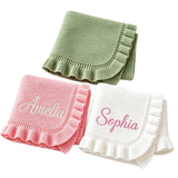 Three ruffle knit blankets embroidered with Amelia and Sophia