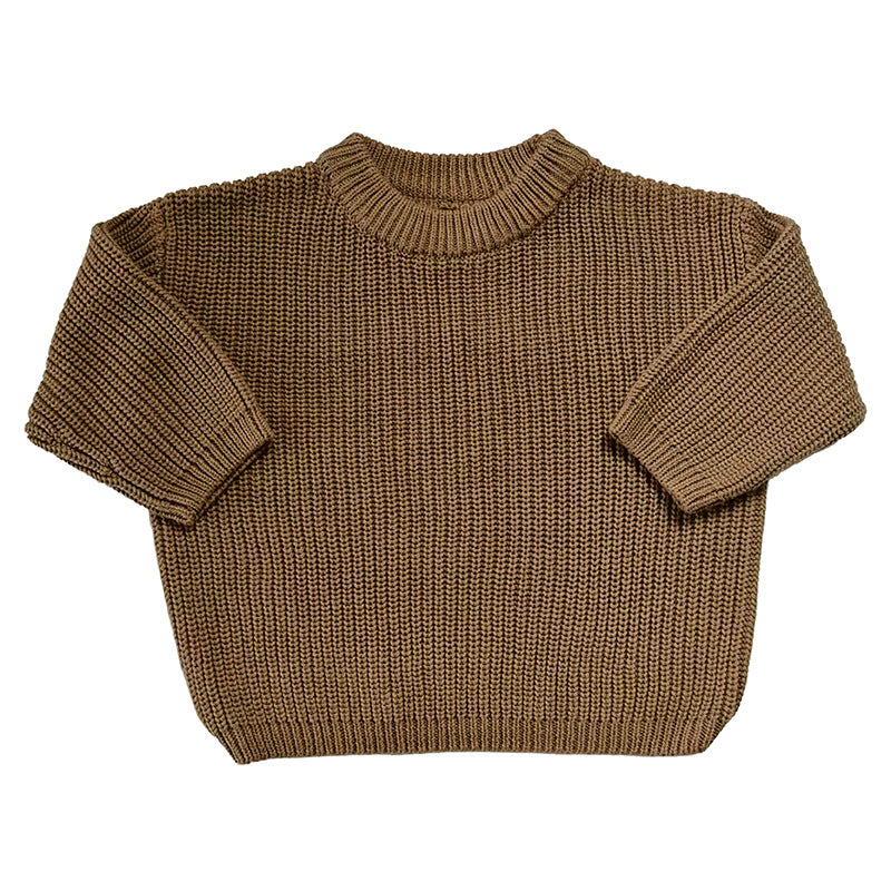 Brown chunky knit kids sweater, plain