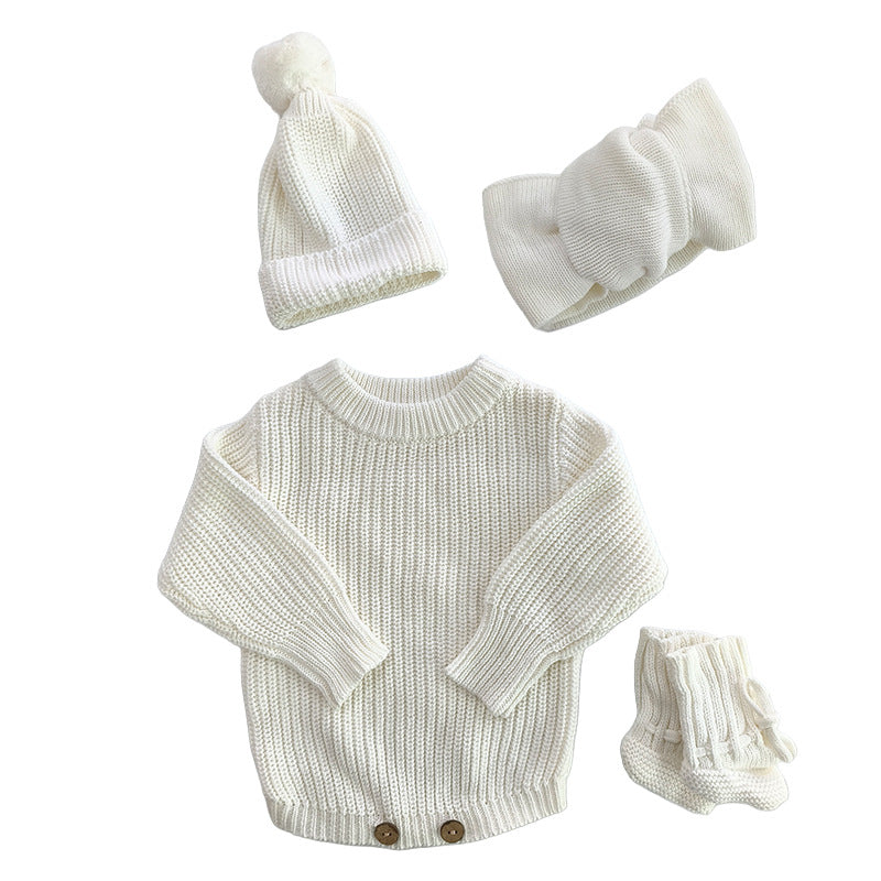 White – Classic Hem + 4-Piece Set knit baby romper