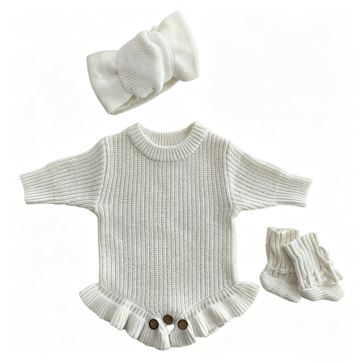 White – Ruffle Hem + Headband + Booties knit baby romper