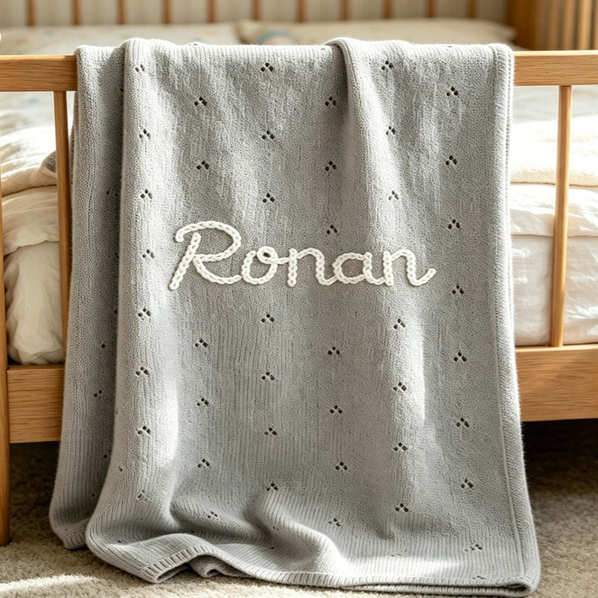 Gray eyelet knit blanket embroidered with Ronan