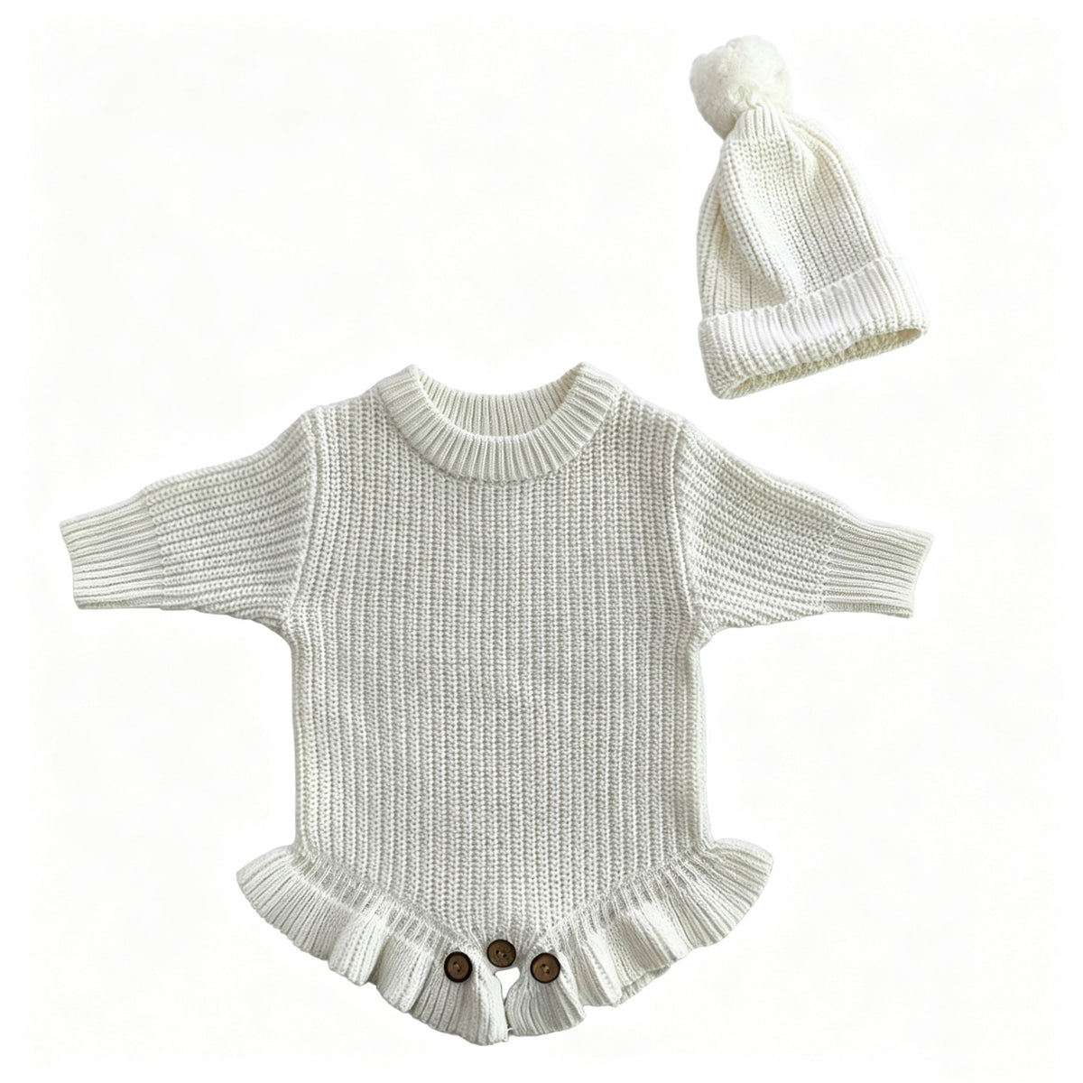 White – Ruffle Hem + Hat knit baby romper