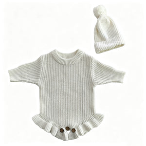 White – Ruffle Hem + Hat knit baby romper