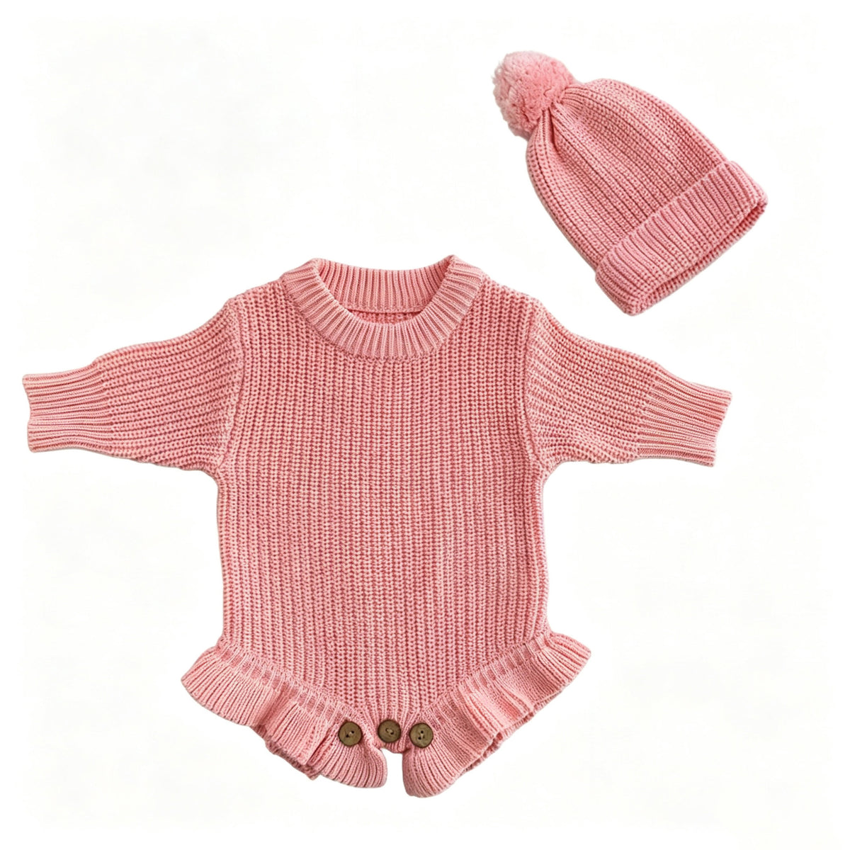 Light Pink – Ruffle Hem + Hat knit baby romper
