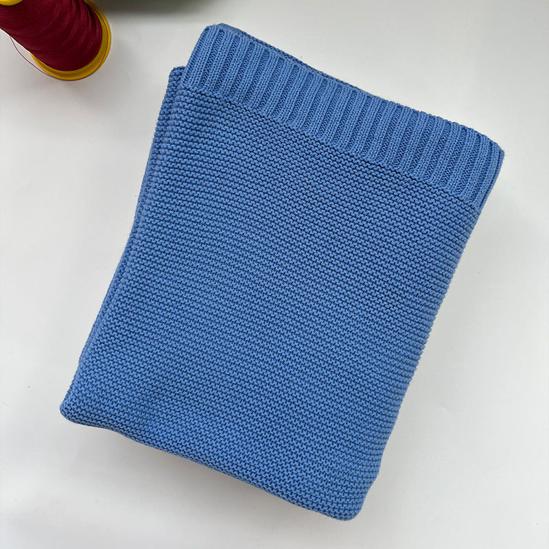 Blue cotton knit baby blanket, plain color option