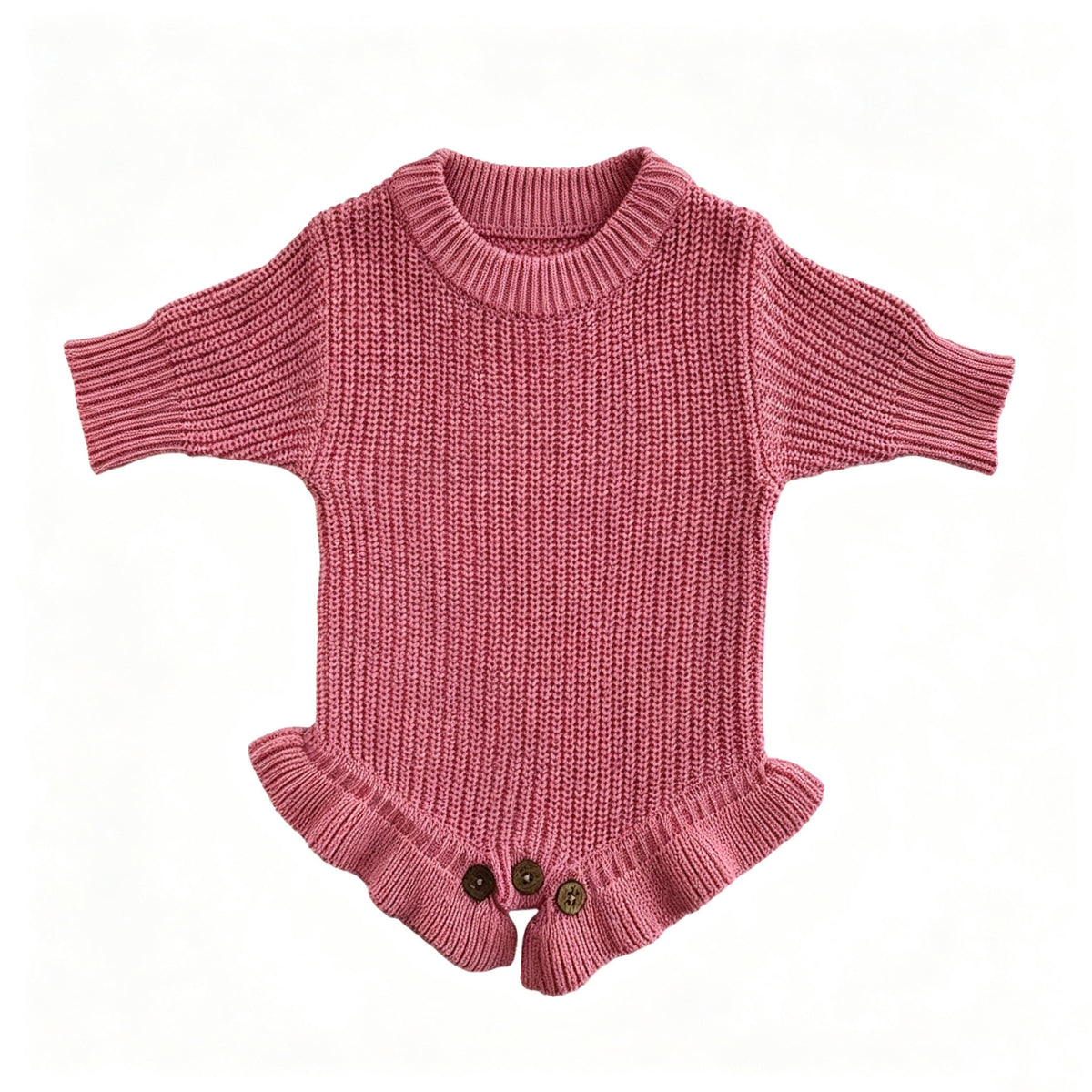 Rose Pink – Ruffle Hem knit baby romper