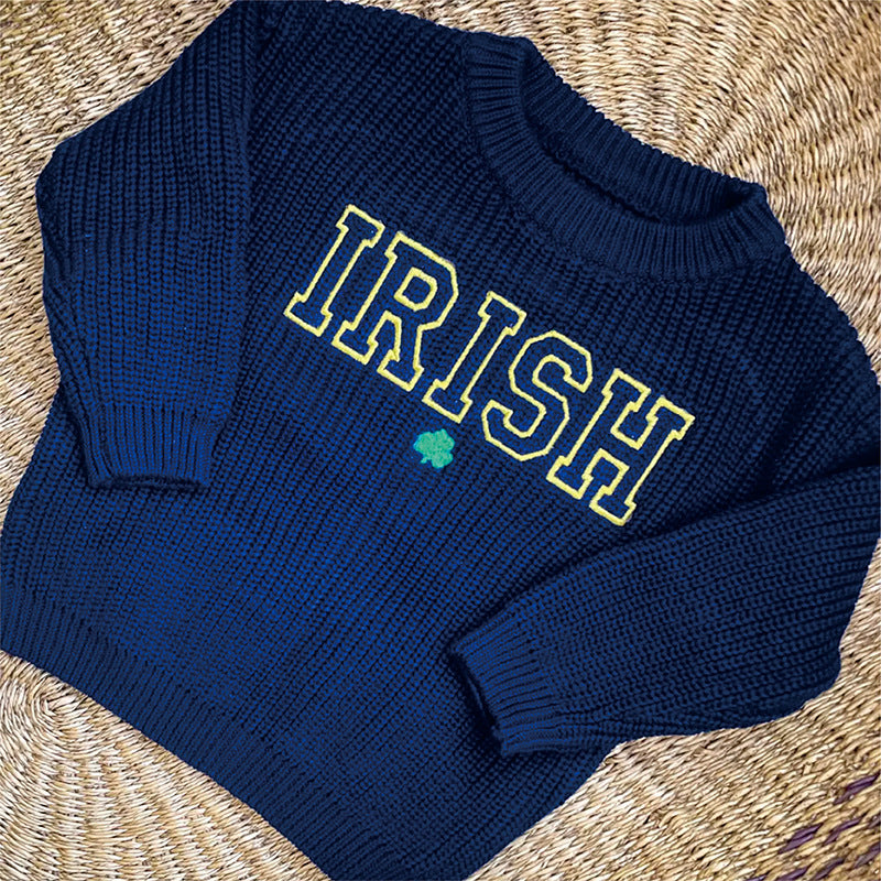 Navy knit kids sweater embroidered with IRISH and a shamrock