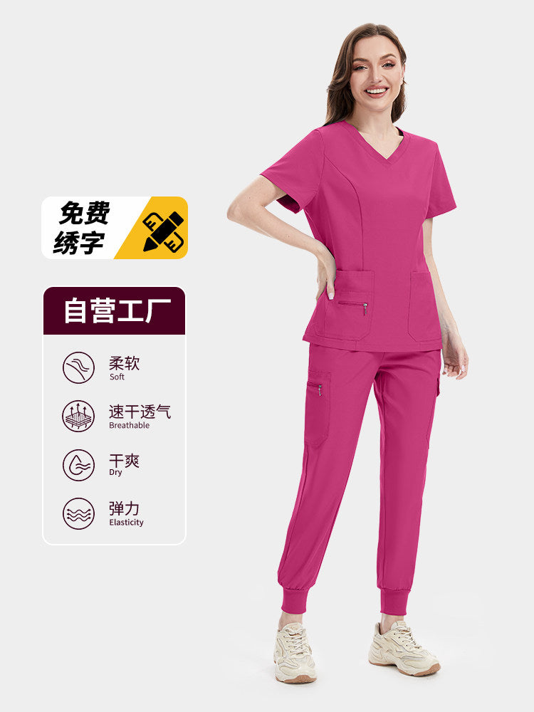NiaaHinn Foreign Trade V-neck Short-Sleeve Nurse Uniform Set, Solid Color Stretch Quick-Dry Surgical Wear, Medical Staff Workwear