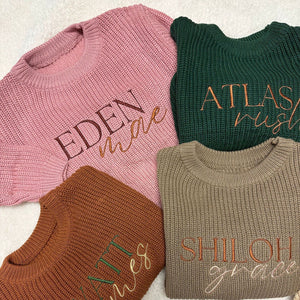 Custom embroidered name chunky knit sweaters for babies and kids