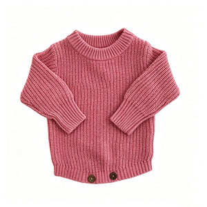 Rose pink knit baby romper with classic straight hem