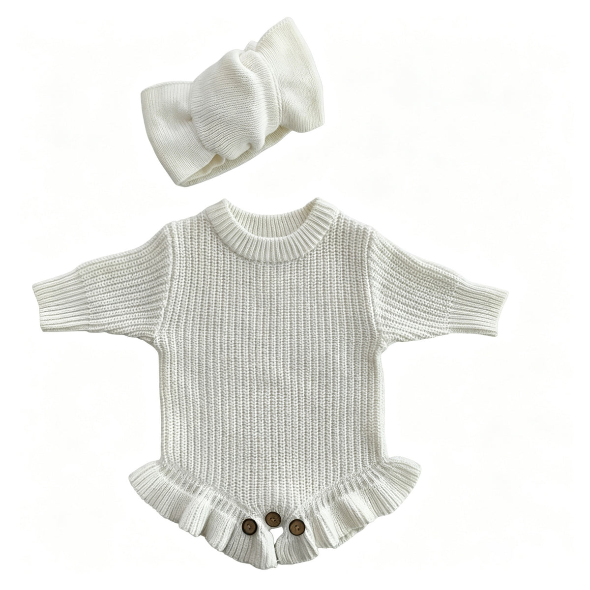 White – Ruffle Hem + 2-Piece Set knit baby romper